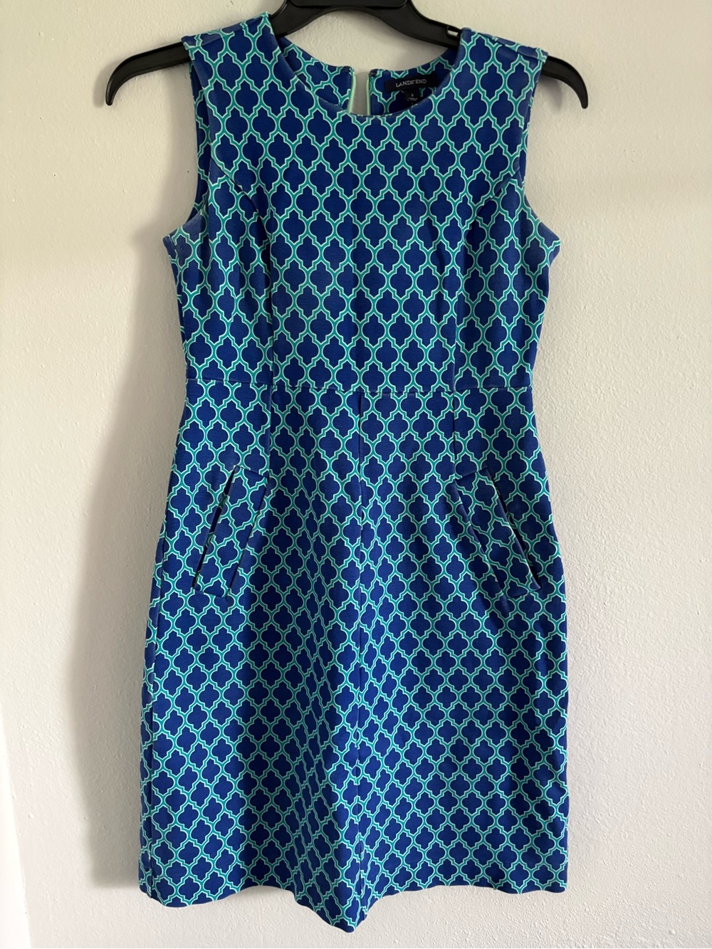Lands' End Navy and Teal Geometric Sleeveless Midi Dress